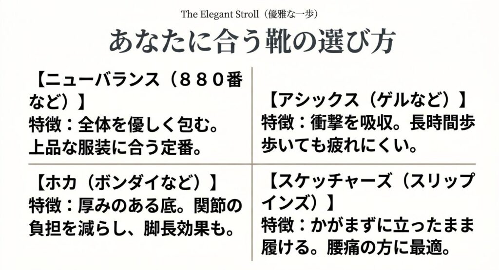 ニューバランス、アシックス、ホカ、スケッチャーズなど、60代におすすめの各スニーカーブランドの特徴と選び方