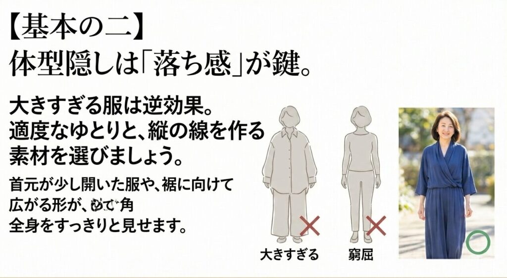 体型隠しには落ち感が重要であり、大きすぎる服ではなく適度なゆとりと縦の線を作る素材を選ぶことを勧めるスライド