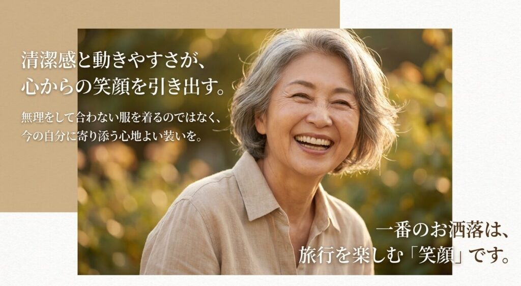 清潔感と動きやすさが心からの笑顔を引き出す、今の自分に寄り添う心地よい装いを推奨するメッセージ