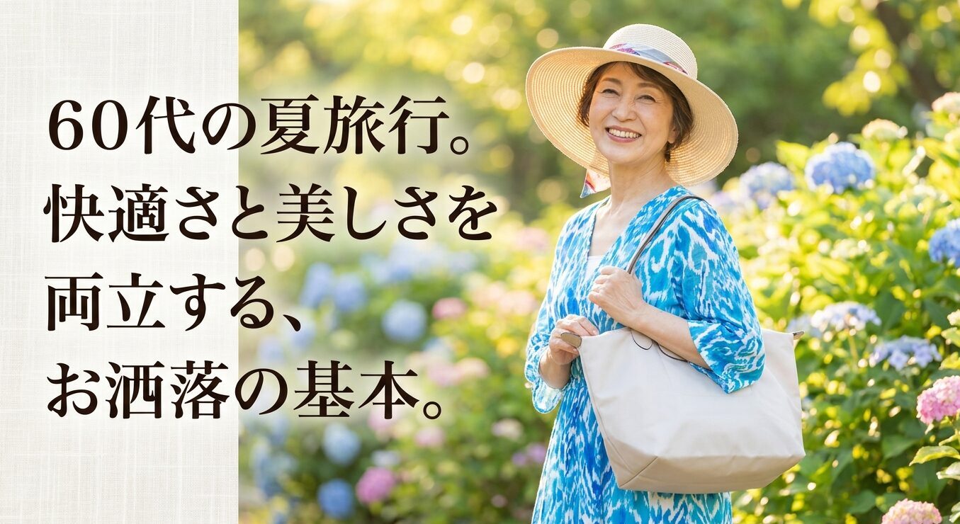 60代の夏旅行において快適さと美しさを両立するお洒落の基本を示すタイトルスライド