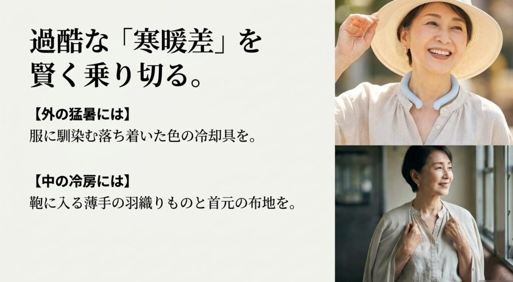 外の猛暑には冷却具、中の冷房には薄手の羽織りものと首元の布地を活用して寒暖差を乗り切るアイデア