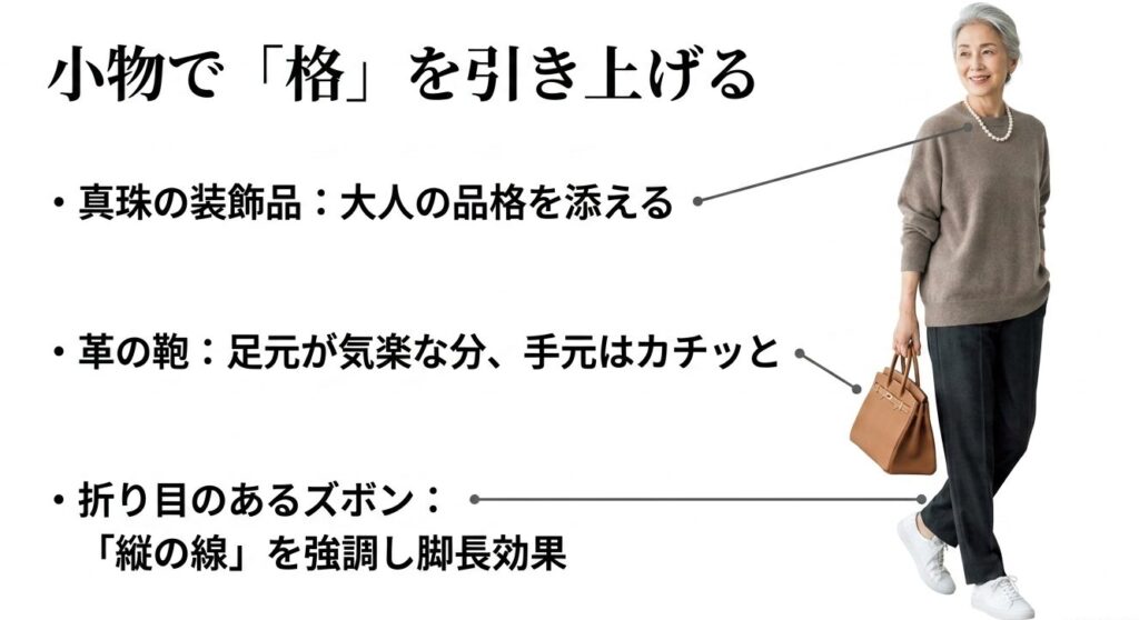 真珠の装飾品、革の鞄、折り目のあるズボンなど、小物を使ってスニーカーコーデの格を引き上げるポイント