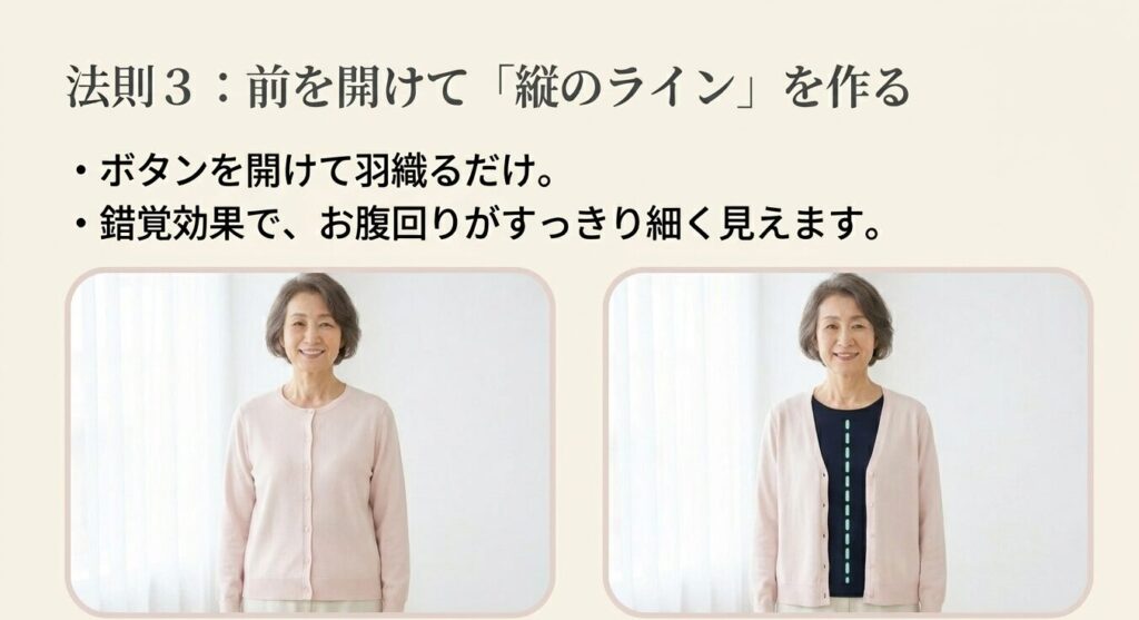 前を開けて縦のラインを作る。錯覚効果で、お腹回りがすっきり細く見えます