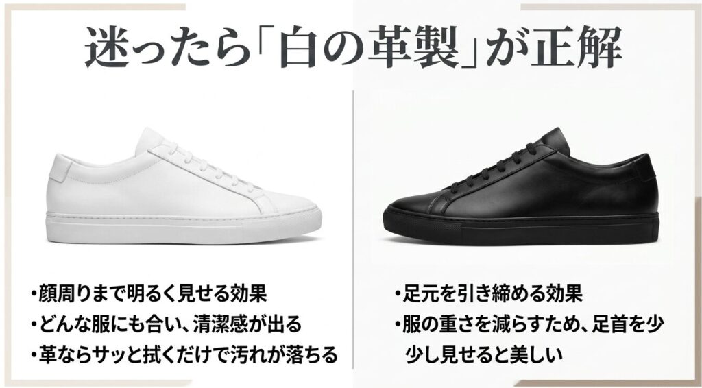 顔周りを明るく見せる、清潔感が出る、手入れが楽など、白の革製スニーカーを選ぶメリットの解説
